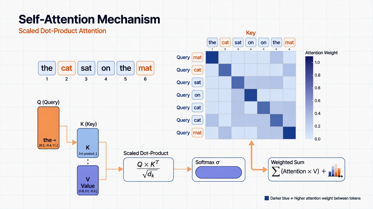 Self-attention visualized: A heatmap showing attention weights between tokens in a short sequence. Darker cells indicate stronger relevance between a query token and key tokens.