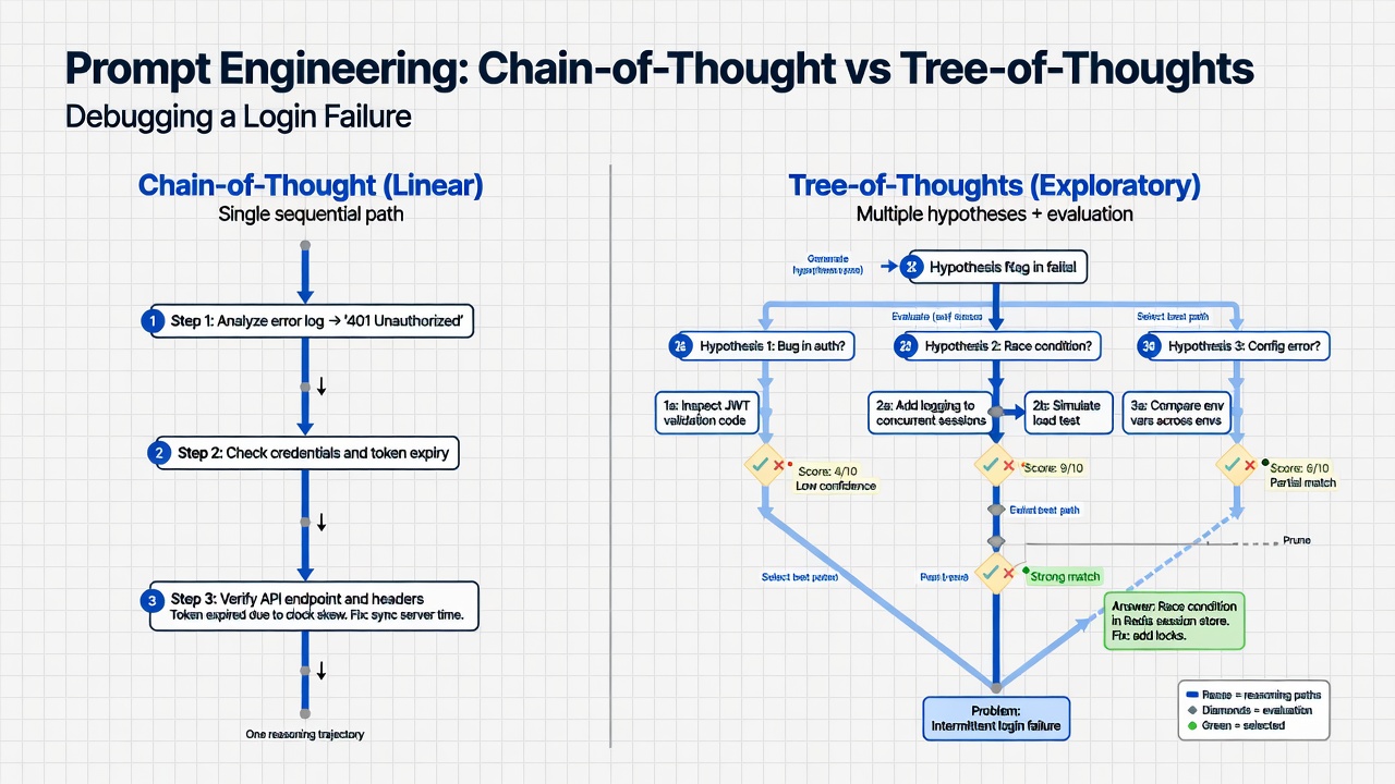 Side-by-side comparison of linear Chain-of-Thought (single path of reasoning steps) versus Tree-of-Thoughts (exploratory branching with evaluation of multiple hypotheses) for a complex task.