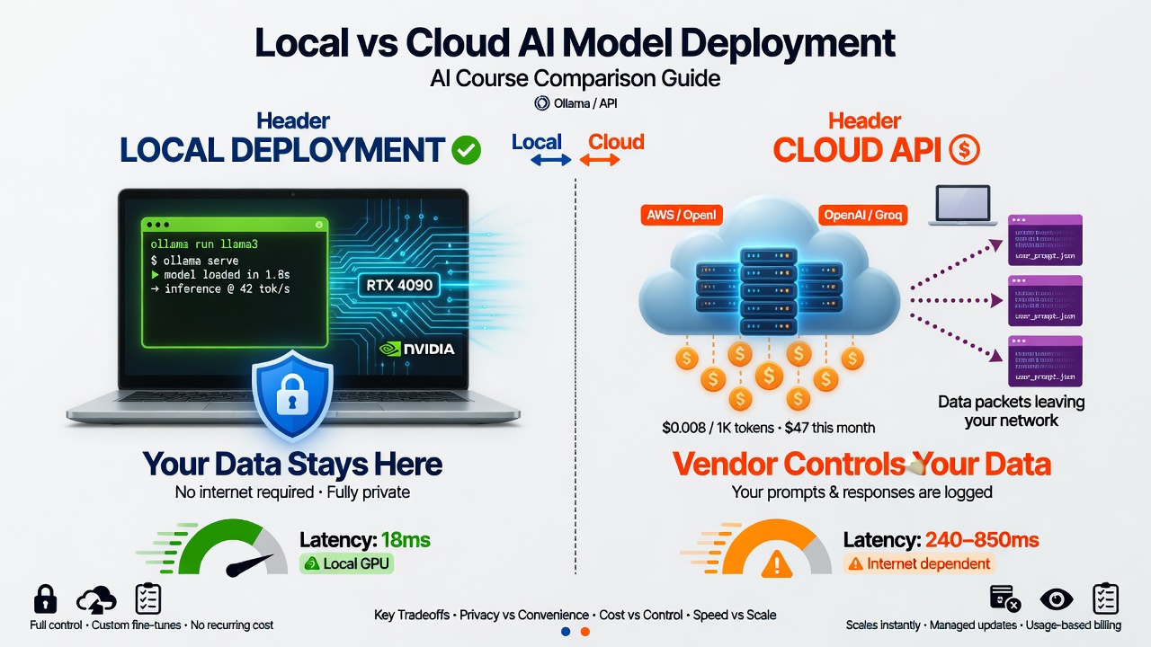 Comparison of local deployment (on your hardware with full control and privacy) versus cloud API usage (convenience with data leaving your environment and ongoing costs).