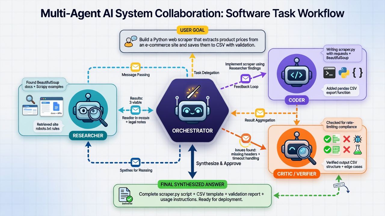 Multi-agent collaboration: An orchestrator coordinates specialized agents (researcher, coder, critic) that communicate and pass work products to solve a complex development task together.