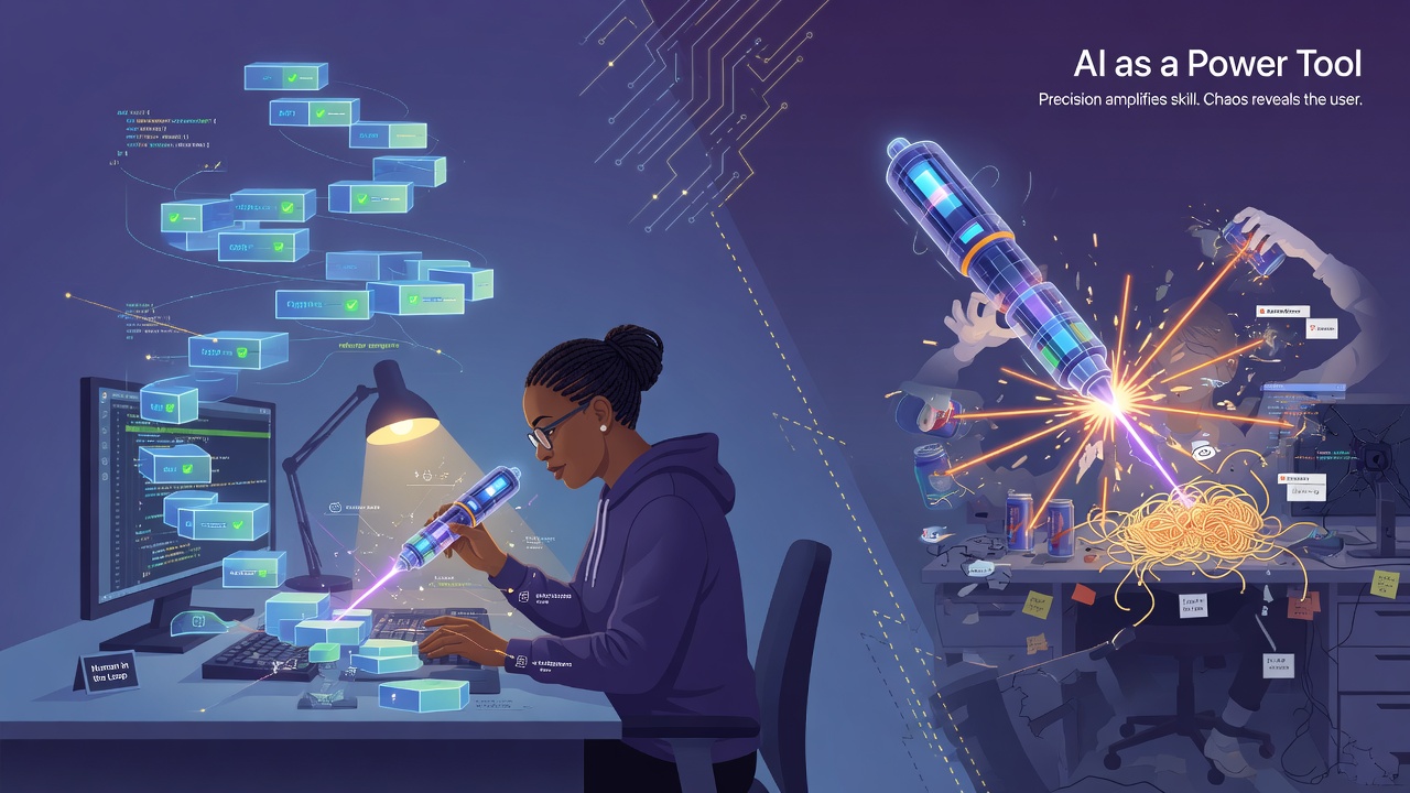 The power tool metaphor: A developer using AI as a precise, high-powered instrument under careful human guidance and judgment, rather than letting the tool run unchecked.