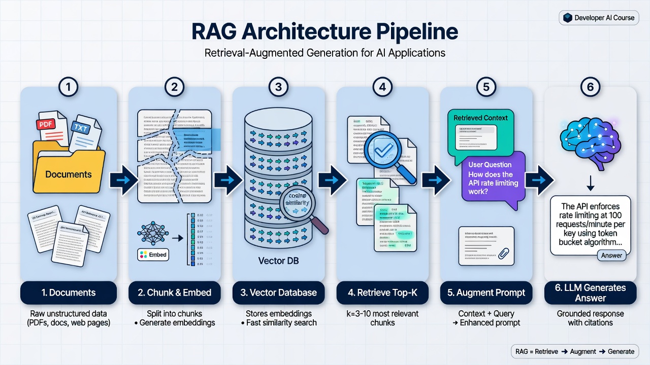 End-to-end RAG pipeline: documents are chunked and embedded, stored in a vector database, relevant chunks are retrieved via semantic search, the prompt is augmented with that context, and the LLM produces a grounded answer.