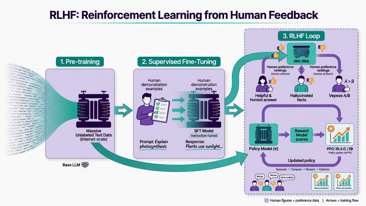 The RLHF pipeline: Pre-training on massive data, followed by Supervised Fine-Tuning on demonstrations, then Reinforcement Learning from Human Feedback where a reward model learns human preferences to further align the policy.