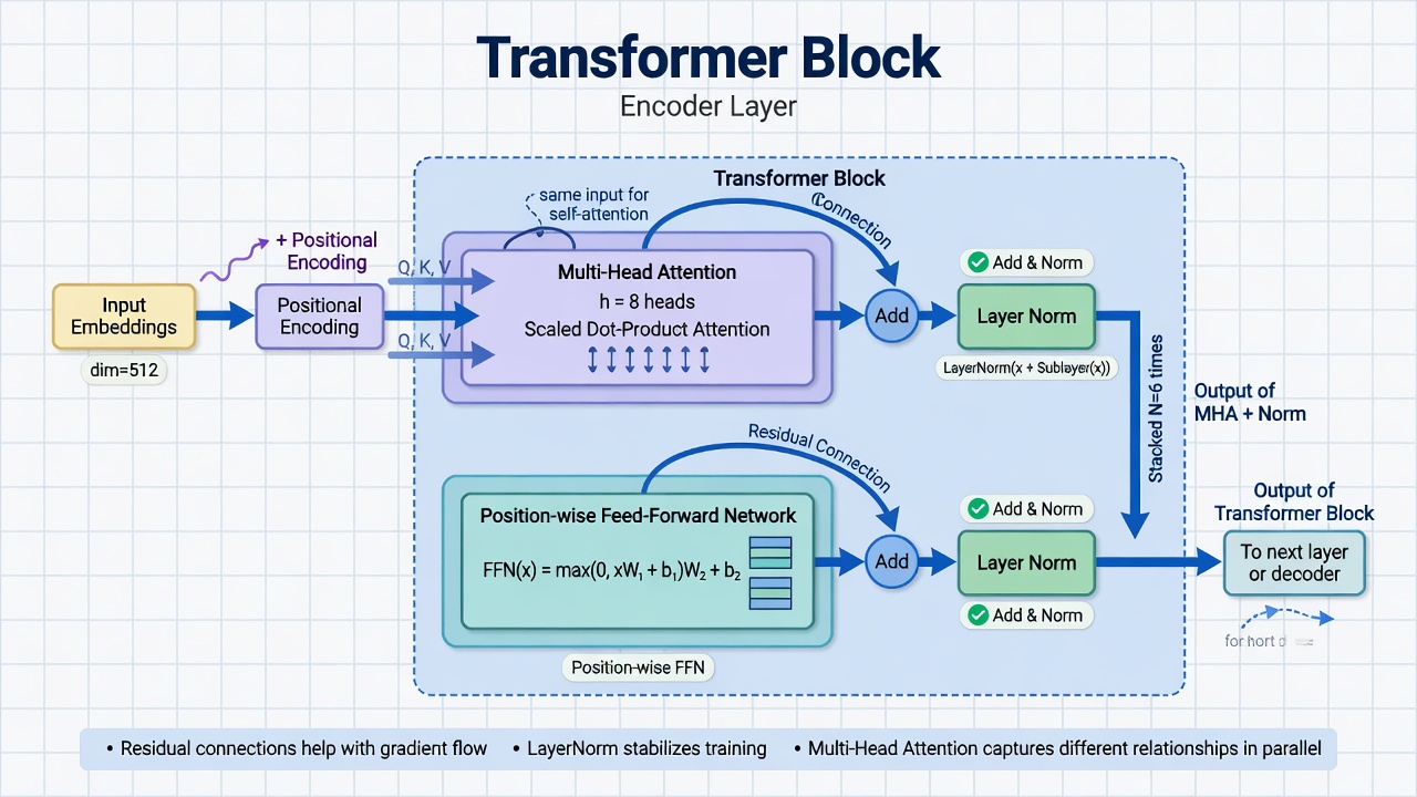The internal structure of a single Transformer block, showing the multi-head attention sub-layer with residual connection and layer normalization, followed by the position-wise feed-forward network with its own residual connection and normalization.